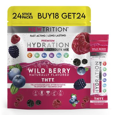 NewTrition Hydration Powder, Wild Berry Pack of 24 Electrolyte Powder Packets, Naturally Flavored Hydrating Packets for Water, Fast Acting Hydrate Electrolytes with Vitamins B & C, Energy & Recovery
