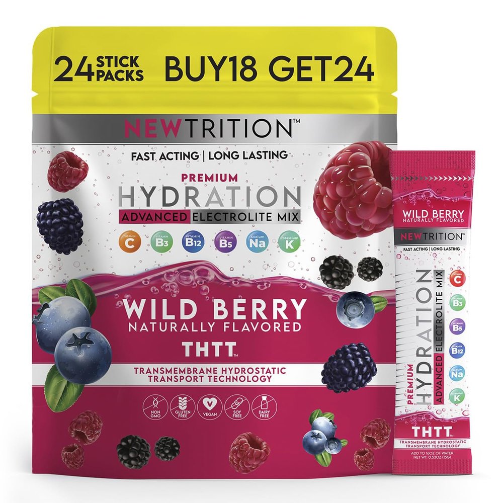 NewTrition Hydration Powder, Wild Berry Pack of 24 Electrolyte Powder Packets, Naturally Flavored Hydrating Packets for Water, Fast Acting Hydrate Electrolytes with Vitamins B & C, Energy & Recovery