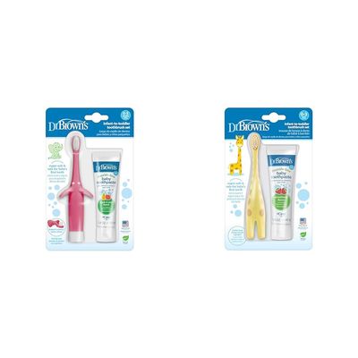 Dr. Brown's Infant-To-Toddler Toothbrush Sets, Pink Elephant & Giraffe with Fluoride-Free Baby Toothpastes, 0-3 Years