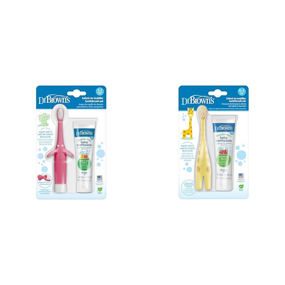 Dr. Brown's Infant-To-Toddler Toothbrush Sets, Pink Elephant & Giraffe with Fluoride-Free Baby Toothpastes, 0-3 Years