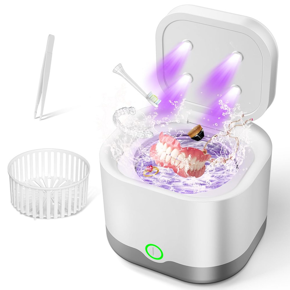 HUQKIYA Ultrasonic Retainer Cleaner, Retainer Cleaner Machine for Dentures, Denture Cleaner for All Dental Appliances 45kHz Professional Ultrasonic Jewelry Cleaner with Cleaning Basket 200ml (White)