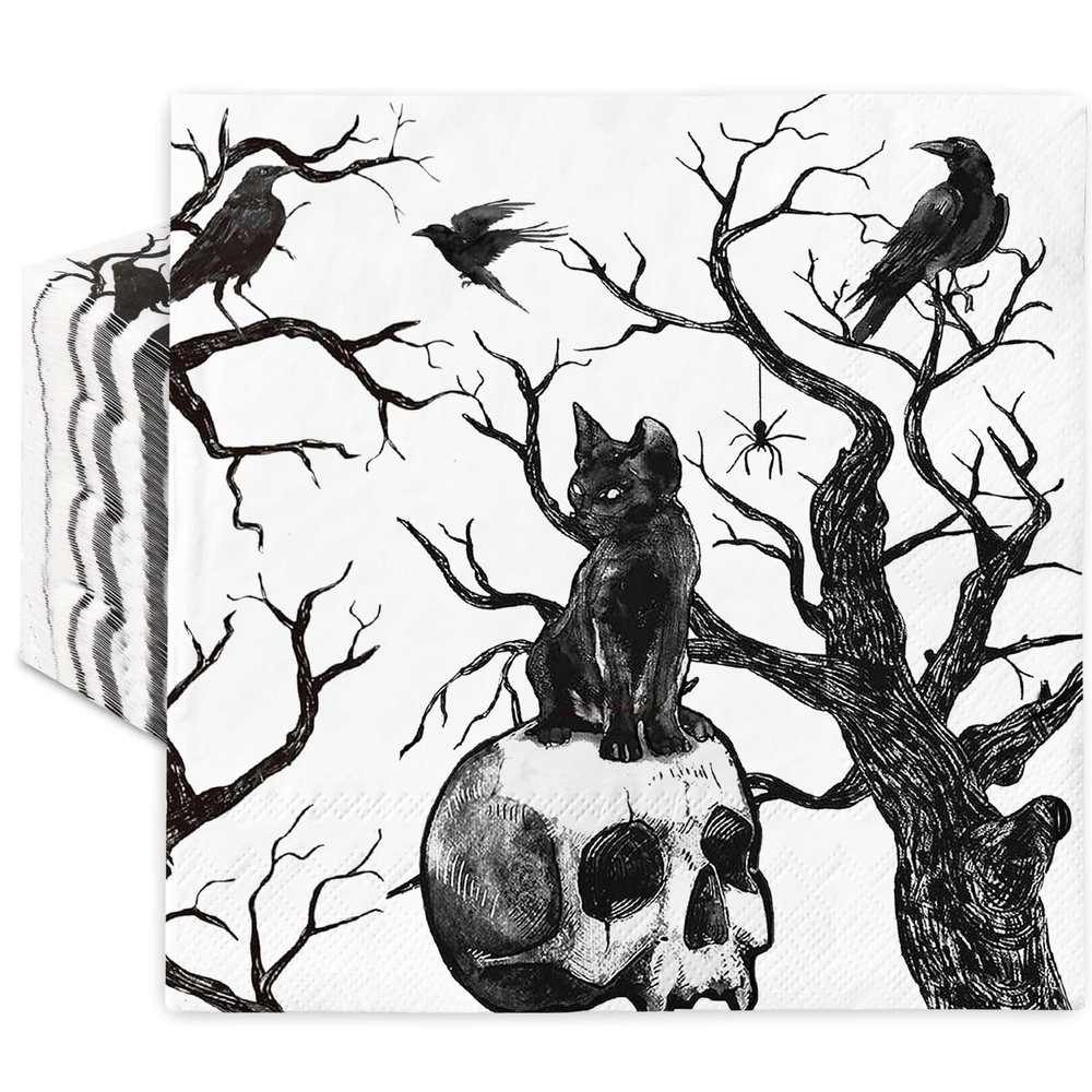 JarThenaAMCS 50Pcs Halloween Paper Napkins Black Skull Cat Disposable Napkins Gothic Luncheon Dinner Napkin for Home Party Supplies Table Decor