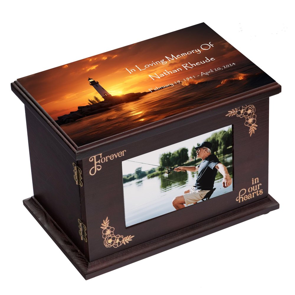 ZISAMURE Cremation Memorial Urns for Human Ashes Adult Male Female, Custom Personalized Wooden Urns Box and Casket for Ashes Men Women, Large Burial Funeral Urns with Photo Frame (Lighthouse)