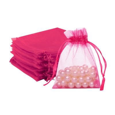 FUNFERY 100 Pcs Hot Pink Organza Bags 3x4 in, Small Mesh Drawstring Gift Bags for Sachet, Jewelry, Candy, Wedding Favor, Easter Day