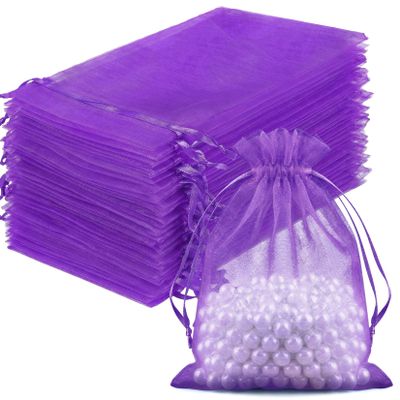 FUNFERY 100 Pcs Purple Organza Bags 5x7 in, Small Mesh Drawstring Gift Bags for Sachet, Jewelry, Candy, Wedding Favor, Easter Day