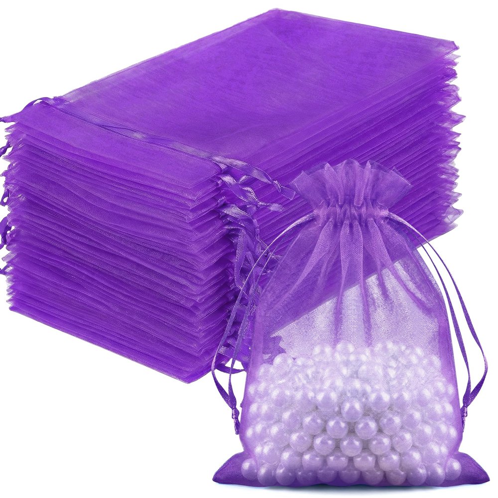 FUNFERY 100 Pcs Purple Organza Bags 5x7 in, Small Mesh Drawstring Gift Bags for Sachet, Jewelry, Candy, Wedding Favor, Easter Day