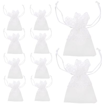 SEWACC 10pcs White Lace Drawstring Jewelry Storage Bags Elegant Organza Pouches for Wedding Parties and for Candy Chocolates and Jewelry