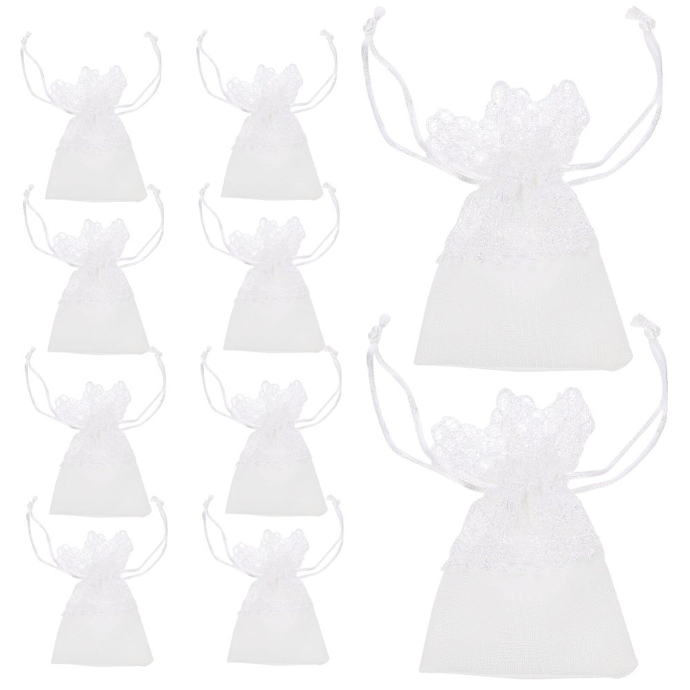 SEWACC 10pcs White Lace Drawstring Jewelry Storage Bags Elegant Organza Pouches for Wedding Parties and for Candy Chocolates and Jewelry