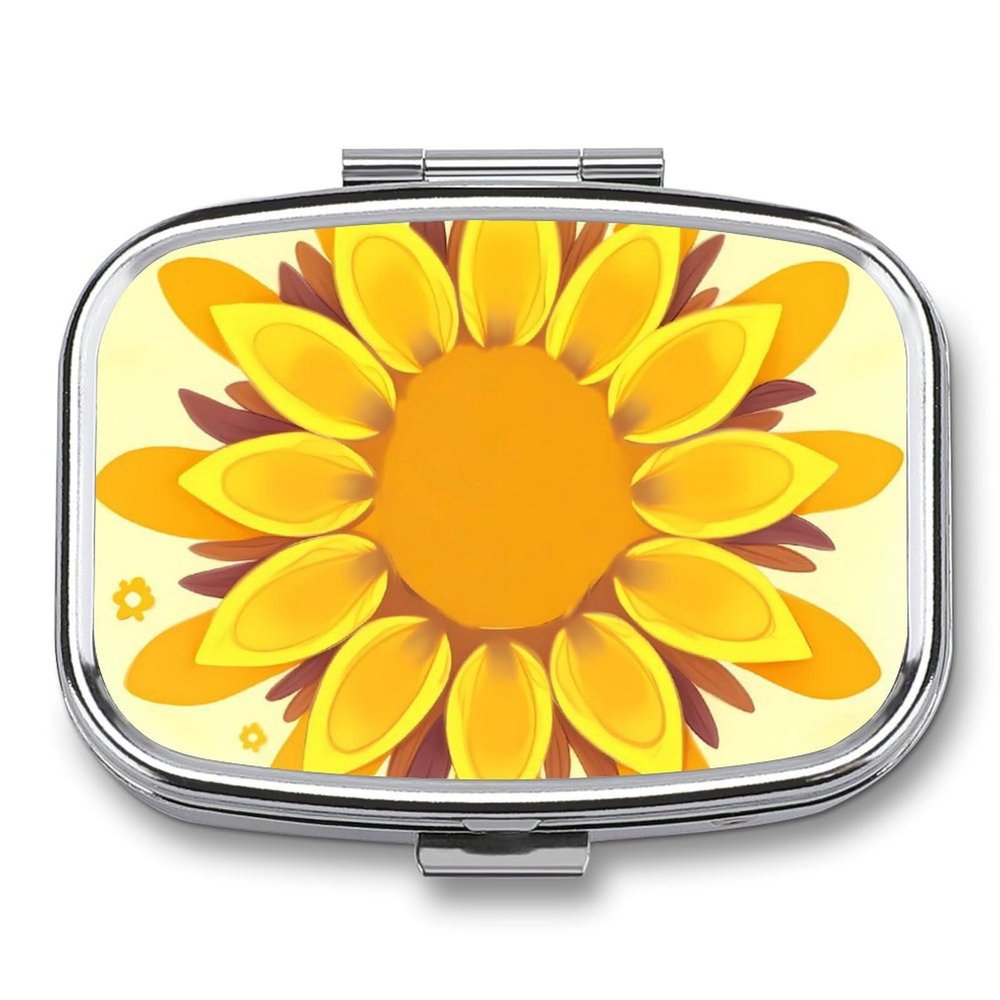 Pill Box 2 Compartment Medicine Pill Case Sunflower Beauty Portable Pill Box for Pocket Or Purse Pill Box Decorative Metal Medicine Vitamin Organizer Unique Gift