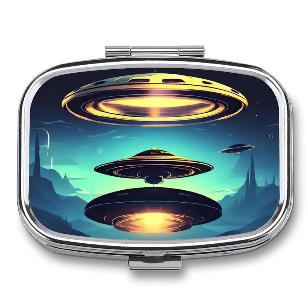 Pill Box 2 Compartment Medicine Pill Case Spacecraft Descend Portable Pill Box for Pocket Or Purse Pill Box Decorative Metal Medicine Vitamin Organizer Unique Gift