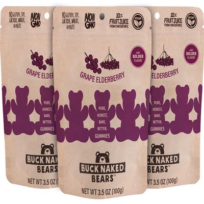 Buck Naked Bears - Grape Elderberry Gummy Bears - Soft, Smooth, and Sweeter Like a Fruit Snack - Plant-Based Gummies Good Snack Choice - Non-GMO - Clean Label Gummy Candy, Vegan - 3.5oz 3-Pack