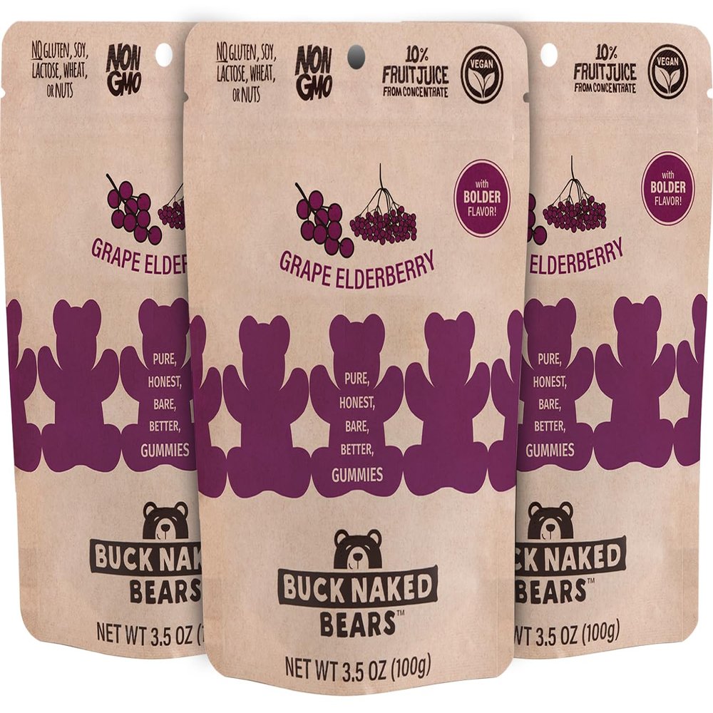 Buck Naked Bears - Grape Elderberry Gummy Bears - Soft, Smooth, and Sweeter Like a Fruit Snack - Plant-Based Gummies Good Snack Choice - Non-GMO - Clean Label Gummy Candy, Vegan - 3.5oz 3-Pack