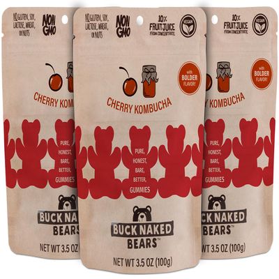 Buck Naked Bears - Cherry Kombucha Gummy Bears - Soft, Smooth, and Sweeter Like a Fruit Snack - Plant-Based Gummies Good Snack Choice - Non-GMO - Clean Label Gummy Candy, Vegan - 3.5oz 3-Pack