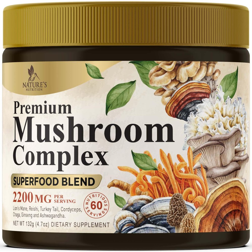 Mushroom Powder Supplement 2200mg - Organic Lions Mane, Reishi, Cordyceps, Chaga, Turkey Tail Mushroom Extract - 11 in 1 Blend Powder Supplement - Immune & Brain Support - Bottled in USA - 60 Servings