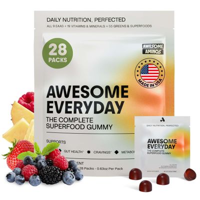 Awesome Everyday Essential Daily Nutrition Gummies - 9 Essential Amino Acids + Vitamins, Minerals & Organic Greens and Superfoods - Fermented Nutrition for Energy, Brain & Immunity Adults 28 Count