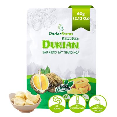 DARLAC FARMS Freeze Dried Durian Bites 60g 2.12 Oz (0.7 Oz x 3 Counts), No Sugar Added, 100% Real Fruit Snacks, Premium Organic Crispy Crunchy Freeze Dried Fruit for Kids & Adults