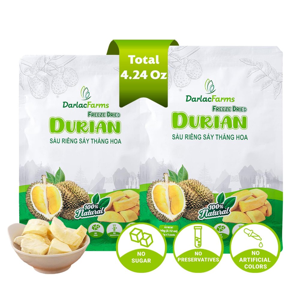DARLAC FARMS Freeze Dried Durian Bites Pack 2 (0.7 Oz x 6 Counts), No Sugar Added, 100% Real Fruit Snacks, Premium Organic Crispy Crunchy Freeze Dried Fruit for Kids & Adults