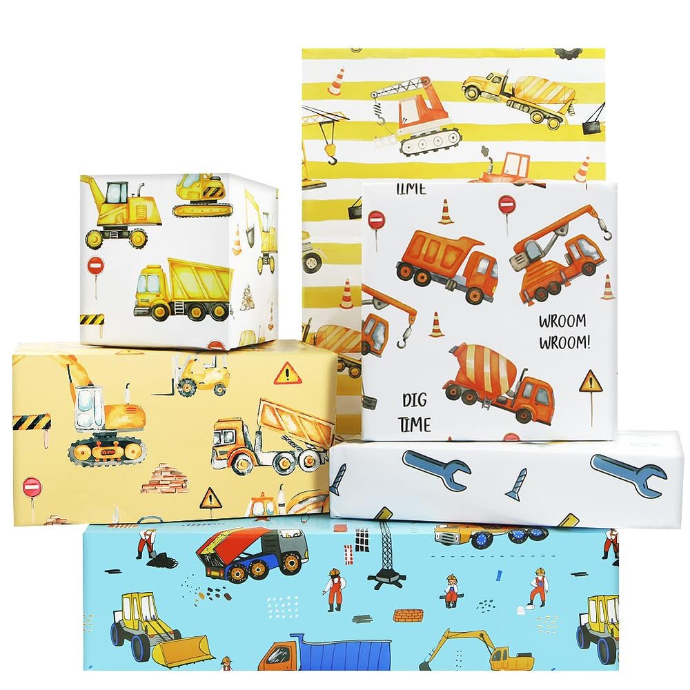 Construction Wrapping Paper, 6 Sheet Excavator Tractor Dump Truck Bulldozer Mixers Dumper Vehicles Pattern Road Under Construction Wrapping Paper for Kids Boys Men Birthday - Folded Flat 28x20 Inches