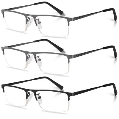 Anourney 3-Pack Reading Glasses for Men, Lightweight Metal Half Frame Blue Light Blocking Computer Readers, Stylish Filter UV Ray/Computer Glare with Spring Hinge Eyeglasses(2 Gray+1 Black,+1.0)