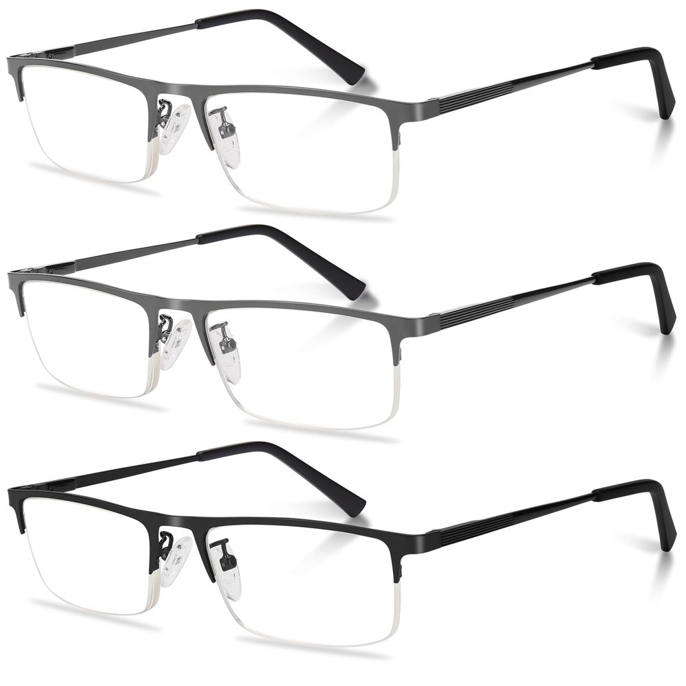Anourney 3-Pack Reading Glasses for Men, Lightweight Metal Half Frame Blue Light Blocking Computer Readers, Stylish Filter UV Ray/Computer Glare with Spring Hinge Eyeglasses(2 Gray+1 Black,+1.0)