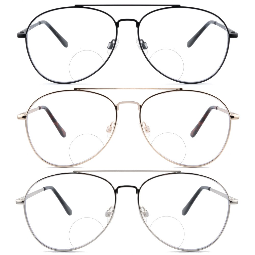 Classic Aviator Blue Light Glasses for Men and Women,Bifocal Reader Metal Frame Clear Lens Eyeglasses 1.75