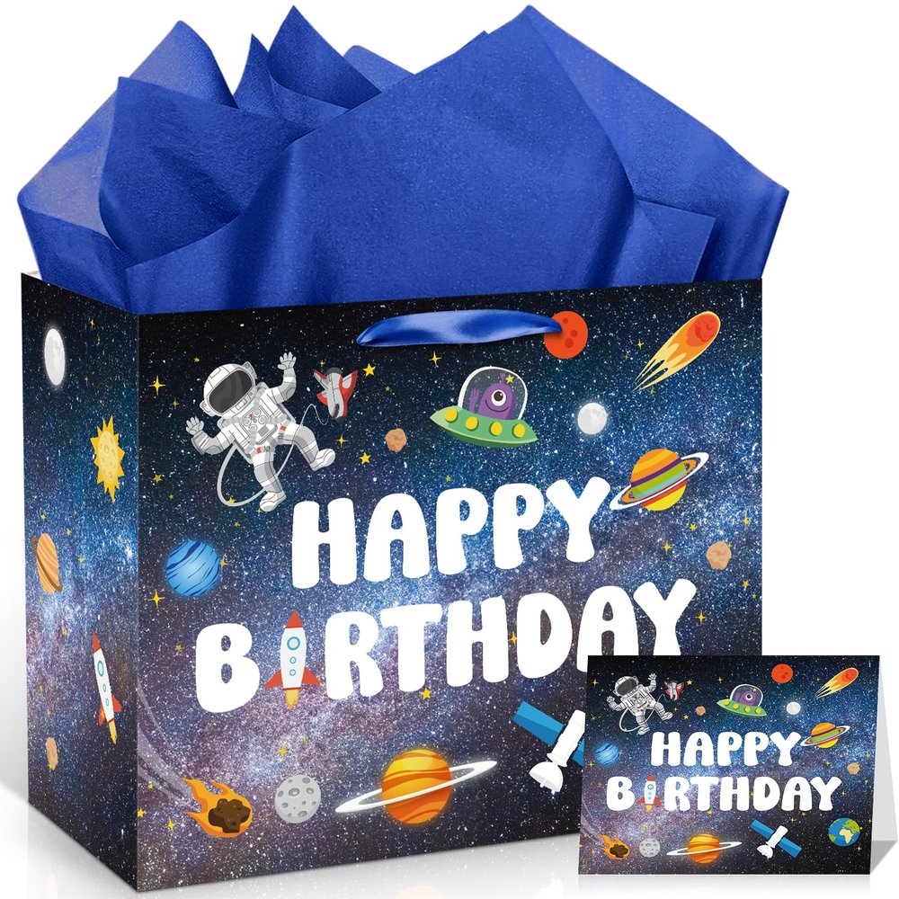 Outer Space Happy Birthday Gift Bag, Blue Gift Bag with Card Tissue Paper for Boys Astronaut Rocket Planet Party Favor Bag Space Wrapping Paper Solar System Party Decor for Boys Kids Birthday Party Supplies