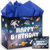 Outer Space Happy Birthday Gift Bag, Blue Gift Bag with Card Tissue Paper for Boys Astronaut Rocket Planet Party Favor Bag Space Wrapping Paper Solar System Party Decor for Boys Kids Birthday Party Supplies view 1