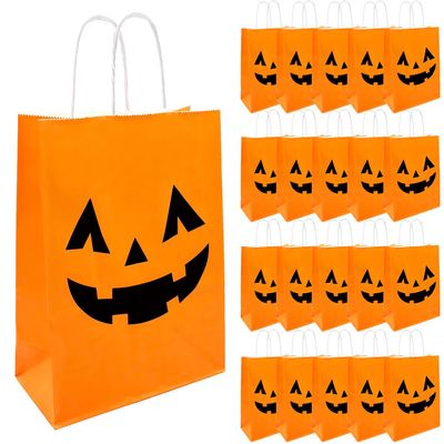 100 Pieces Halloween Pumpkin Gift Bags Trick or Treat Kraft Paper Candy Goodie Bags with Handle for Halloween Party Favors Supplies