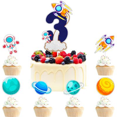 7 Pcs Outer Space Cake Toppers Set Universe Theme Kids 3rd Birthday Happy, astronaut birthday party or planet theme party spaceship rocket decoration that both boys and girls will love. LIANGSS