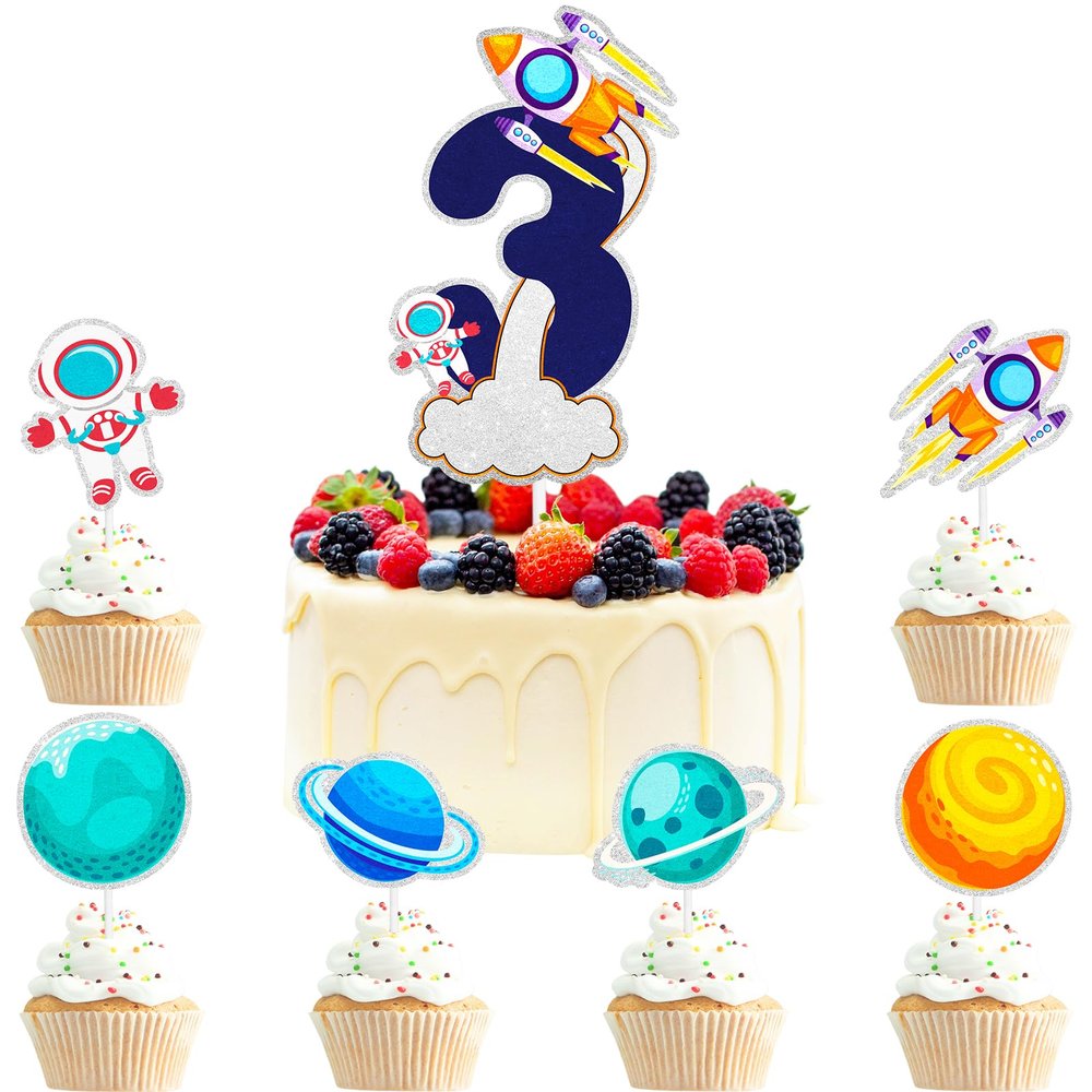 7 Pcs Outer Space Cake Toppers Set Universe Theme Kids 3rd Birthday Happy, astronaut birthday party or planet theme party spaceship rocket decoration that both boys and girls will love. LIANGSS