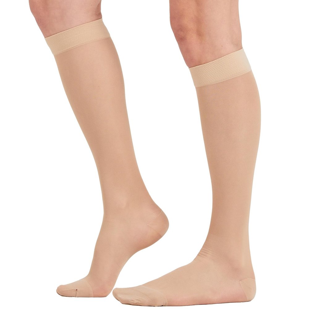 2 Pairs Sheer Compression Socks for Women - 15-20 mmHg Knee High Sheer Compression Stockings for Support Circulation Swelling Edema Work Office Travel, Beige, Small