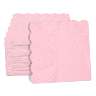 100 Pieces 2-Ply Cocktail Napkins Light Pink Napkins 5 x 5 Inch Disposable Scalloped Napkin for Party Dinner Birthday Wedding Baby Shower(Pink)