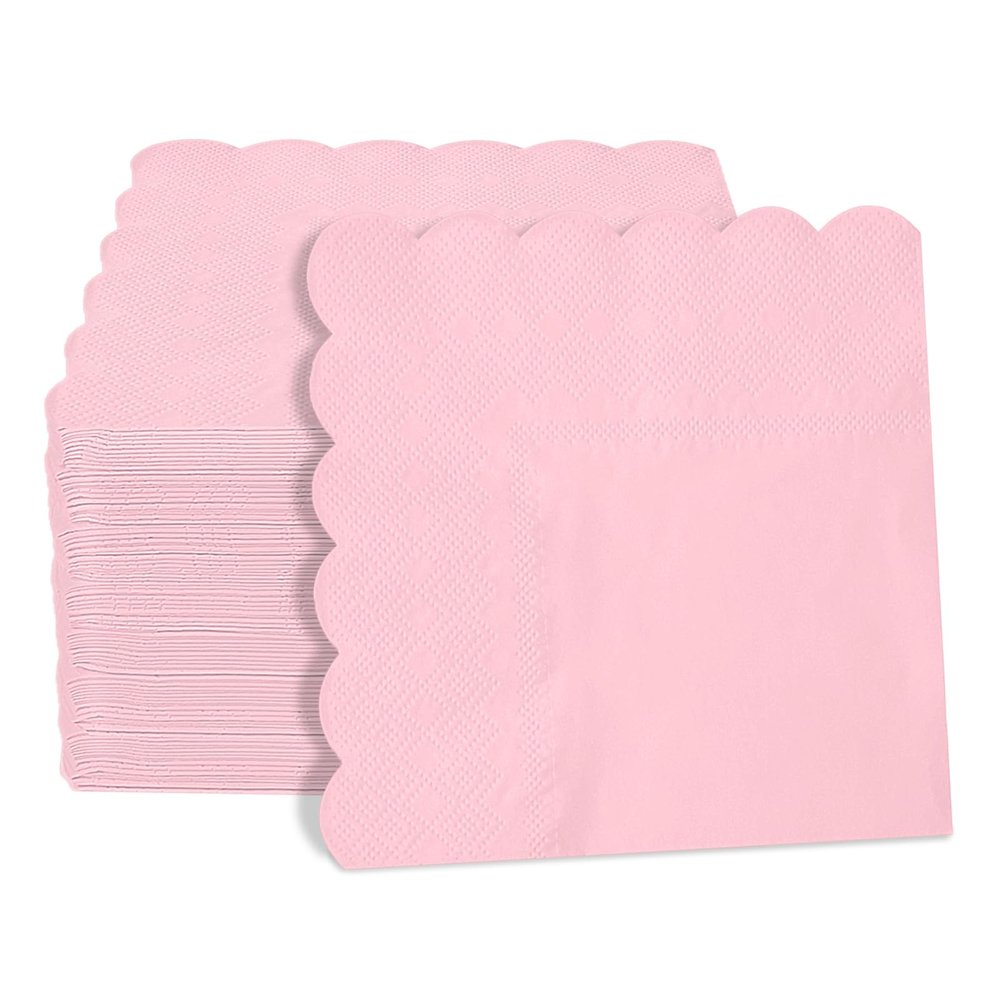 100 Pieces 2-Ply Cocktail Napkins Light Pink Napkins 5 x 5 Inch Disposable Scalloped Napkin for Party Dinner Birthday Wedding Baby Shower(Pink)