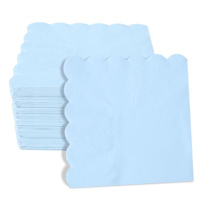 100 Pieces 2-Ply Cocktail Napkins Light Blue Napkins 5 x 5 Inch Disposable Scalloped Napkin for Party Dinner Birthday Wedding Baby Shower(Blue)