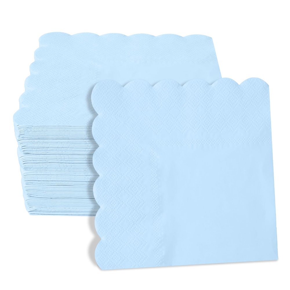 100 Pieces 2-Ply Cocktail Napkins Light Blue Napkins 5 x 5 Inch Disposable Scalloped Napkin for Party Dinner Birthday Wedding Baby Shower(Blue)
