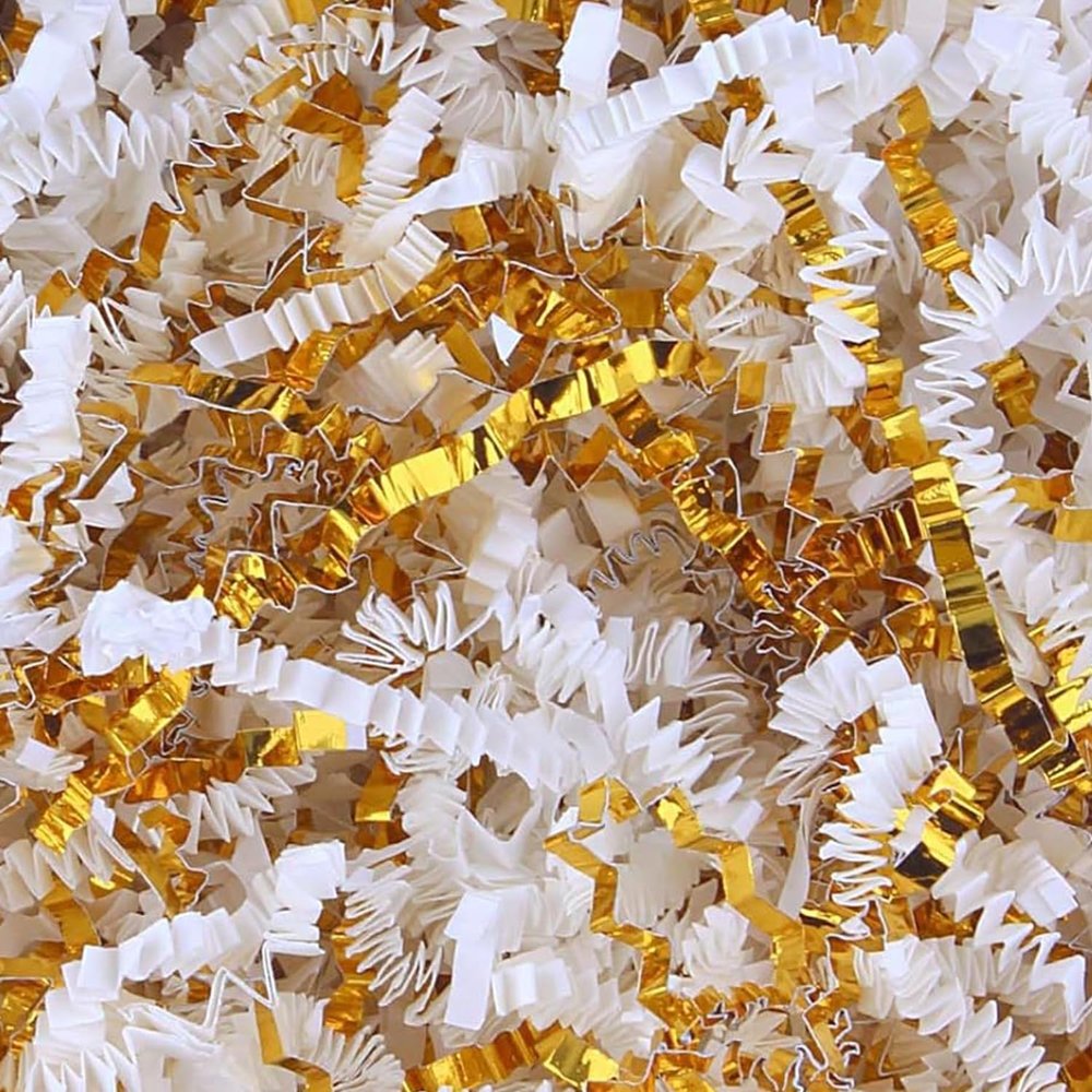 Crinkle Cut Paper Shred Filler for Gift Wrapping, Shredded Paper for Basket Filling,Mixed Colors Gift Box Filler for Easter, Birthday, Christmas, Thanksgiving, Wedding, Mother's Day( White&Gold)