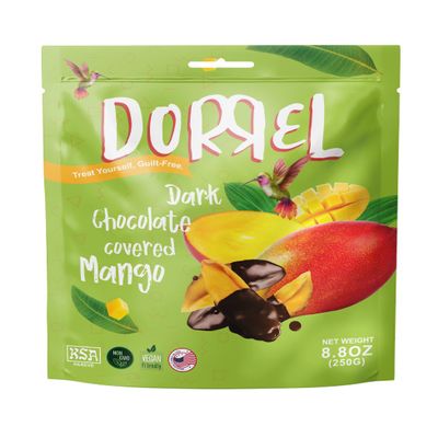 DORREL - Belgian Dark Chocolate Covered Mango Slices, High Energy Vegan Choco Snack, Delicious, Kosher & Non-GMO, Pack of 1 Dark Chocolate Fruit Bites, 8.8 oz / 250 g Ea