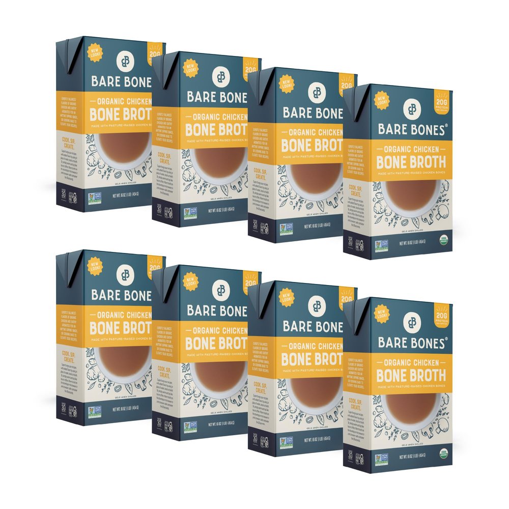 Bare Bones Organic Chicken Bone Broth | Pour w/Pasture-Raised Protein & Collagen for Cooking & Sipping | No Artificial Flavors Non-GMO Gluten & Dairy-Free Keto & Paleo Friendly | 16oz Carton | 8 Pack