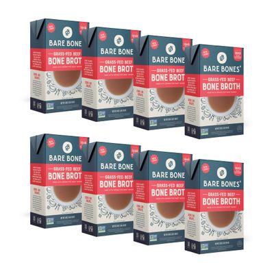 Bare Bones Grass-Fed Beef Bone Broth | Pour w/Pasture Raised Protein & Collagen for Cooking & Sipping | No Artificial Flavors Non-GMO Gluten & Dairy-Free Keto & Paleo Friendly | 16oz Carton | 8 Pack