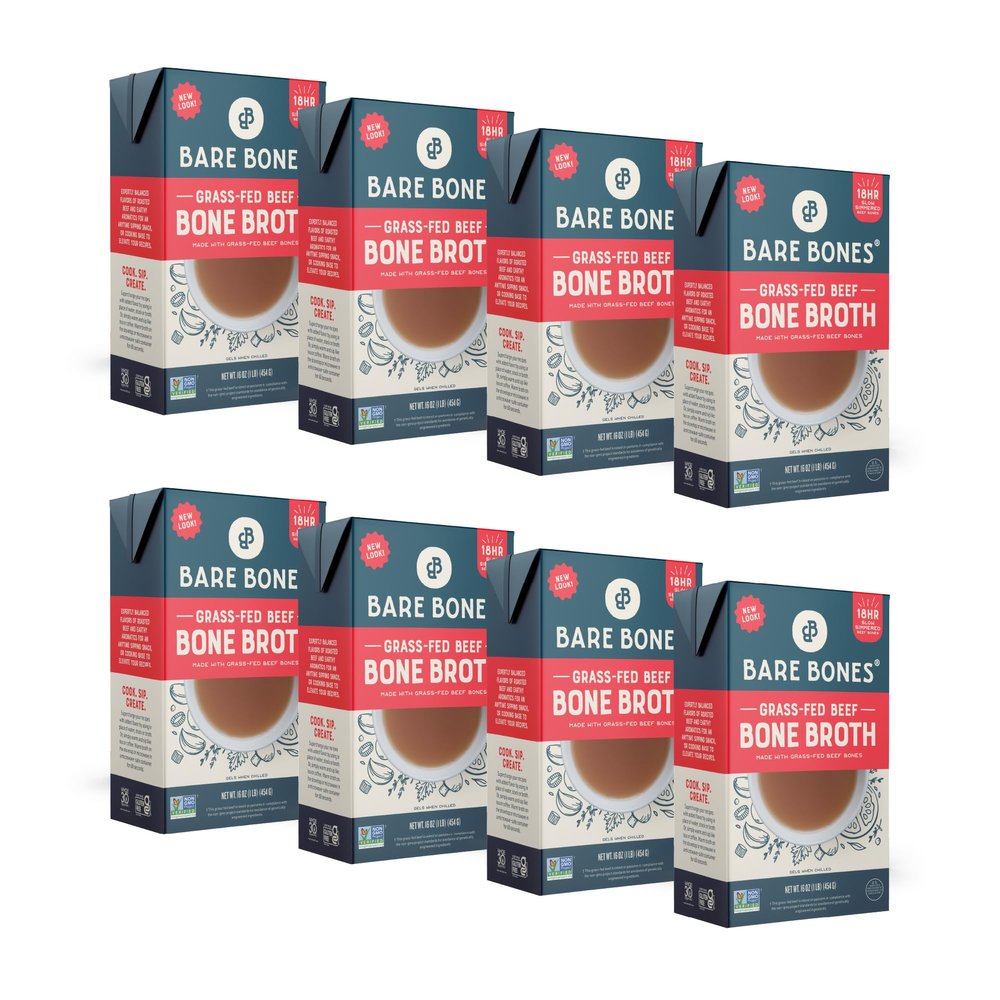 Bare Bones Grass-Fed Beef Bone Broth | Pour w/Pasture Raised Protein & Collagen for Cooking & Sipping | No Artificial Flavors Non-GMO Gluten & Dairy-Free Keto & Paleo Friendly | 16oz Carton | 8 Pack
