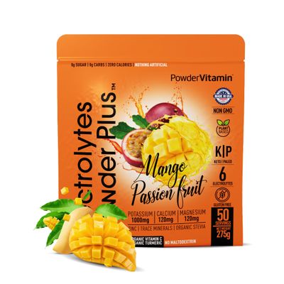 PowderVitamin Electrolytes Powder Plus (50 Servings) Mango Passionfruit Electrolyte Powder Zero Calorie Keto, 0 Sugar, No Maltodextrin,1000mg Potassium,120mg Calcium,120mg Magnesium, Hydration Powder