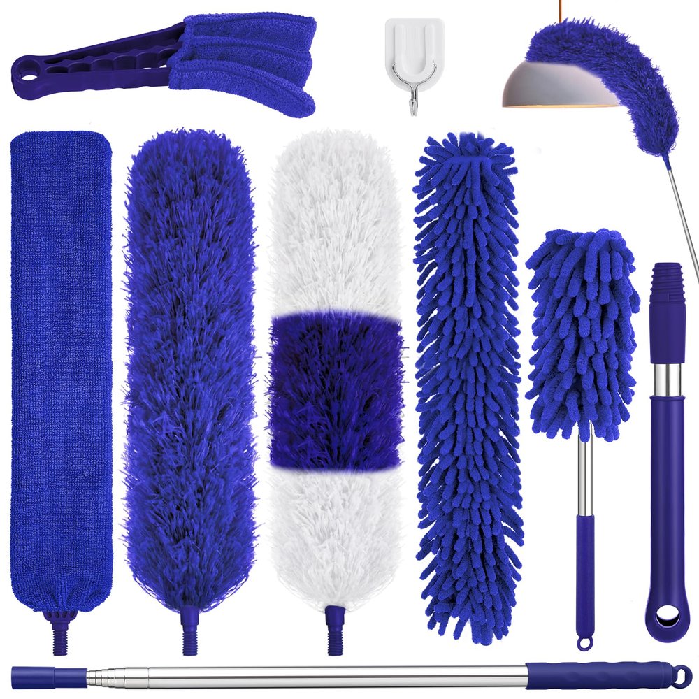 9PCS Dusters for Cleaning,Extendable Microfiber Duster with Extension Pole Up to 100'',Bendable Washable and Reusable Dusters Kit for Ceiling Fans, Blinds, High Ceilings, Furniture,Cars