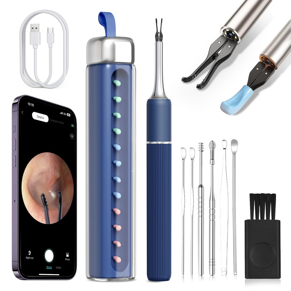 CozyZen Ear Wax Removal Tool S5 with 10 MP Camera Otoscope, Omnidirectional Tweezer, Crodless Earwax Remover Tool with 12 Ear Spoon, Wireless Ear Cleaner with Light for iOS & Android (Blue)