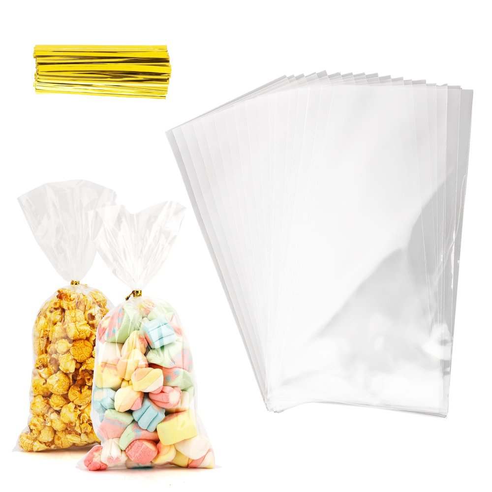 Cellophane Treat Bags - 200 Clear 6x10 Inch Bags with 200 Gold Twist Ties for Birthday Weddings Halloween Party Favors