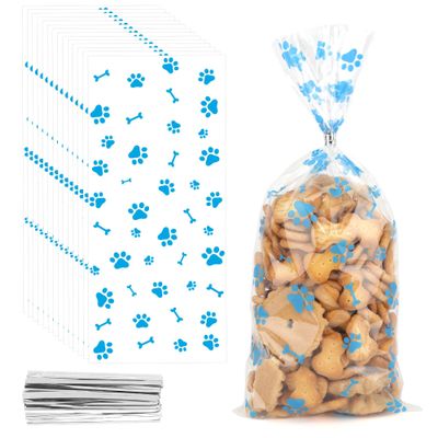 200 PCS Pet Paw Print Cellophane Bags, Dog Print Cellophane Treat Bags, Dog Treat Bag, Plastic Paw Print Candy Cookie Gift Bag with 200 Silver Twist Ties for Dog Birthday Party Decorations, Blue