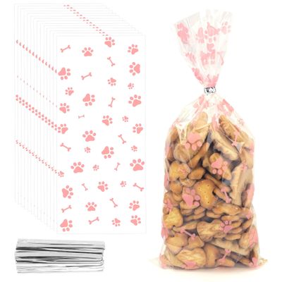 200 PCS Pet Paw Print Cellophane Bags, Dog Print Cellophane Treat Bags, Dog Treat Bag, Plastic Paw Print Candy Cookie Gift Bag with 200 Silver Twist Ties for Dog Birthday Party Decorations, Pink