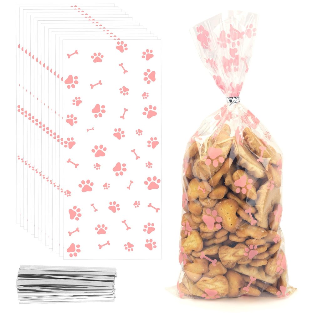 200 PCS Pet Paw Print Cellophane Bags, Dog Print Cellophane Treat Bags, Dog Treat Bag, Plastic Paw Print Candy Cookie Gift Bag with 200 Silver Twist Ties for Dog Birthday Party Decorations, Pink