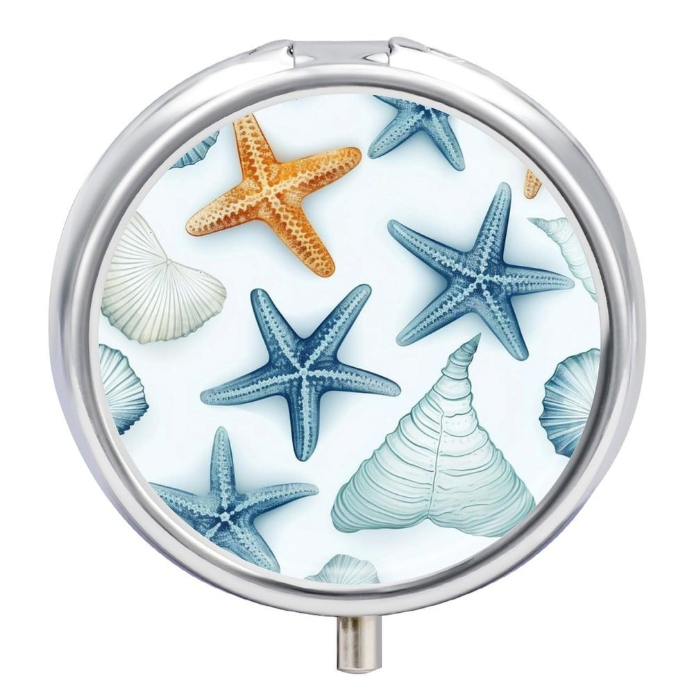 Pill Box Round Metal Pill Case 3 Compartment Portable Starfish Shell Pill Organizer Travel Pillbox for Pocket Purse Cute Pill Container Holder for Vitamins Medication Fish Oil
