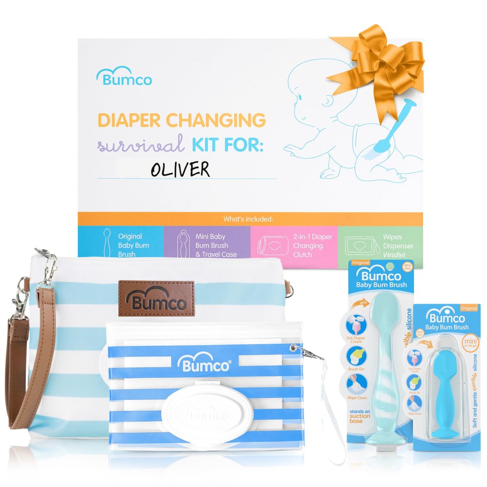 Bumco Baby Essentials Set - Personalized Diaper-Changing Baby Shower Gifts for Boys, Baby Gift Set with 2 Baby Bum Brushes (Original & Mini) + Diaper Clutch Bag + Wipes Wristlet, Newborn Gift Set