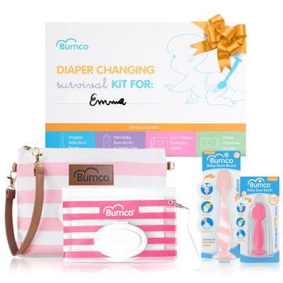 Bumco Baby Essentials Set - Personalized Diaper-Changing Baby Shower Gifts for Girls, Baby Gift Set with 2 Baby Bum Brushes (Original & Mini) + Diaper Clutch Bag + Wipes Wristlet, Newborn Gift Set